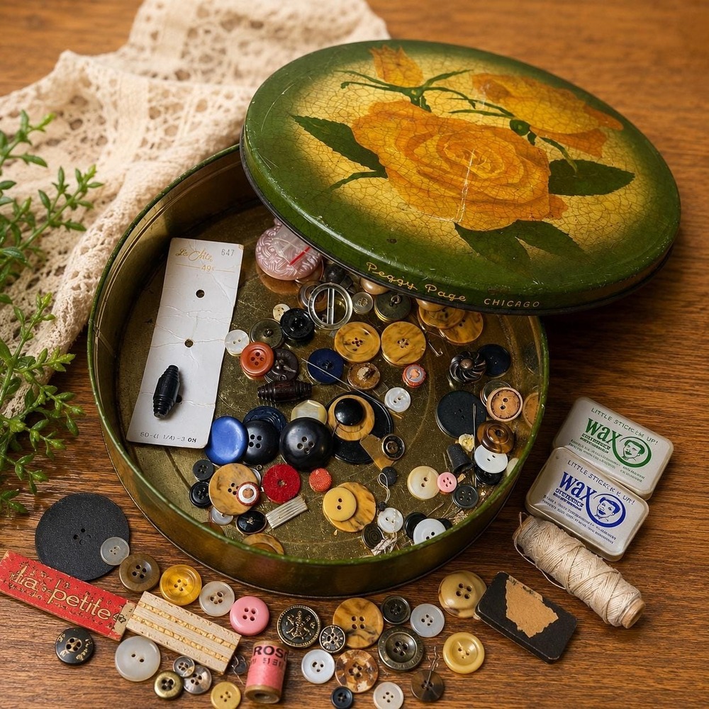 VTG Peggy Page Chicago Metal Sewing Tin VTG Buttons & Notions Mid Century Sewing